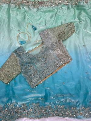 Sky Blue Color Embroidery Sequence work fendy satin Saree 2