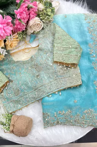 Sky Blue Color Embroidery Sequence work fendy satin Saree