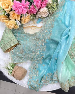 Sky Blue Color Embroidery Sequence work fendy satin Saree 4