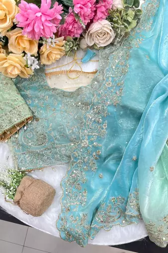 Sky Blue Color Embroidery Sequence work fendy satin Saree