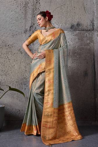 Blue exquisite premium kanjivaram silk saree with heavy jaal & kairi meenakari work