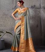 Blue exquisite premium kanjivaram silk saree with heavy jaal & kairi meenakari work