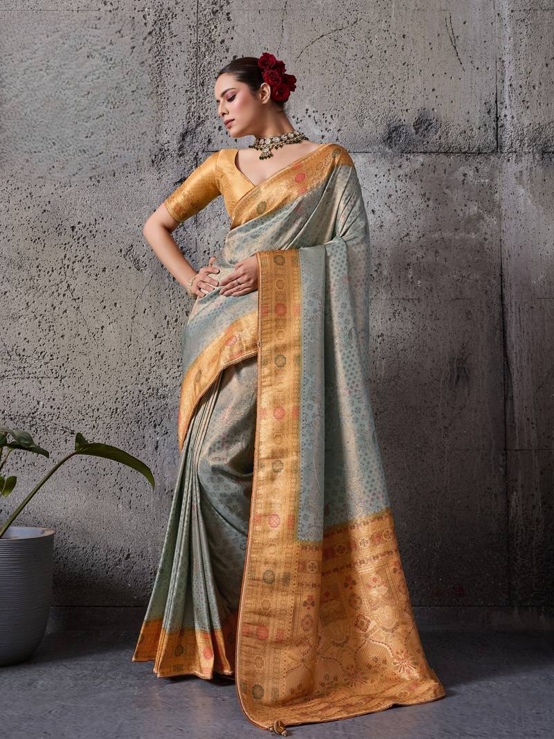 Blue exquisite premium kanjivaram silk saree with heavy jaal & kairi meenakari work