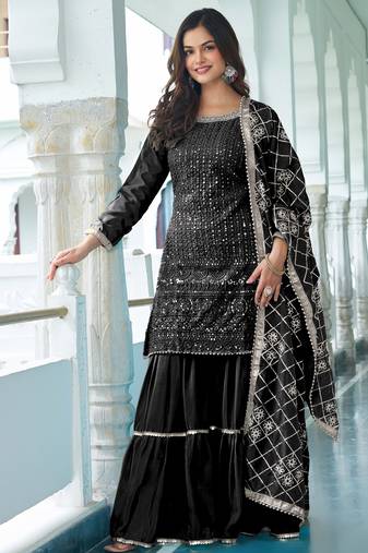Black CHINON SILK EMBROIDERED SALWAR SUIT STITCHED