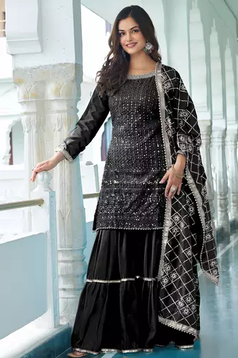 Black CHINON SILK EMBROIDERED SALWAR SUIT STITCHED
