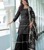 Black CHINON SILK EMBROIDERED SALWAR SUIT STITCHED