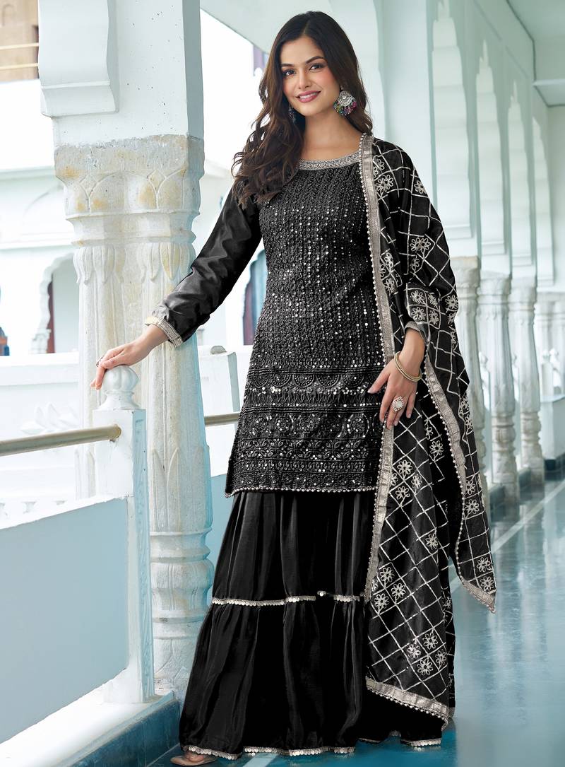 Black CHINON SILK EMBROIDERED SALWAR SUIT STITCHED