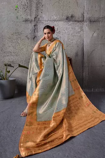 Blue exquisite premium kanjivaram silk blend saree with jaal & kairi meenakari work