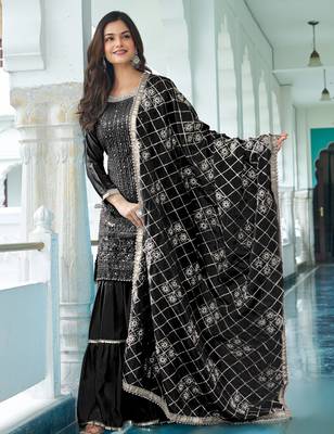 Black CHINON SILK EMBROIDERED SALWAR SUIT STITCHED 2