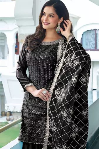 Black CHINON SILK EMBROIDERED SALWAR SUIT STITCHED