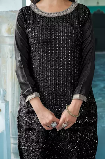 Black CHINON SILK EMBROIDERED SALWAR SUIT STITCHED