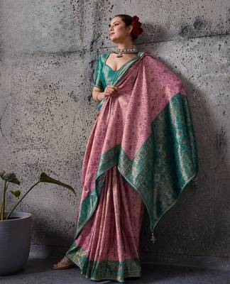 Light pink exquisite premium kanjivaram silk blend saree with jaal & kairi meenakari work 1