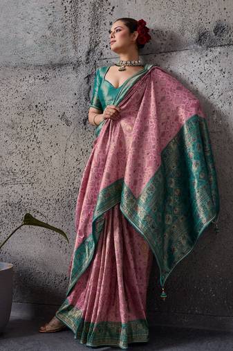 Light pink exquisite premium kanjivaram silk saree with heavy jaal & kairi meenakari work