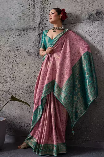 Light pink exquisite premium kanjivaram silk saree with heavy jaal & kairi meenakari work