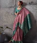 Light pink exquisite premium kanjivaram silk saree with heavy jaal & kairi meenakari work