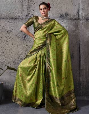 Parrot green exquisite premium kanjivaram silk blend saree with jaal & kairi meenakari work 1