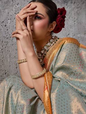 Blue exquisite premium kanjivaram silk blend saree with jaal & kairi meenakari work 3