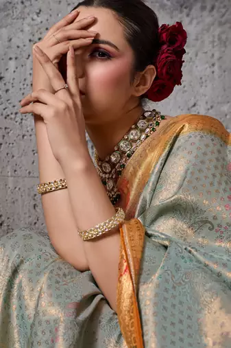 Blue exquisite premium kanjivaram silk blend saree with jaal & kairi meenakari work