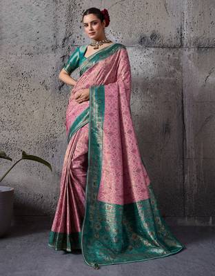 Light pink exquisite premium kanjivaram silk blend saree with jaal & kairi meenakari work 2