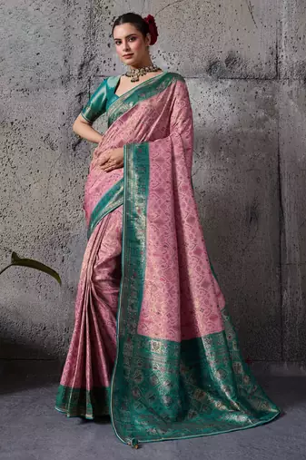 Light pink exquisite premium kanjivaram silk blend saree with jaal & kairi meenakari work