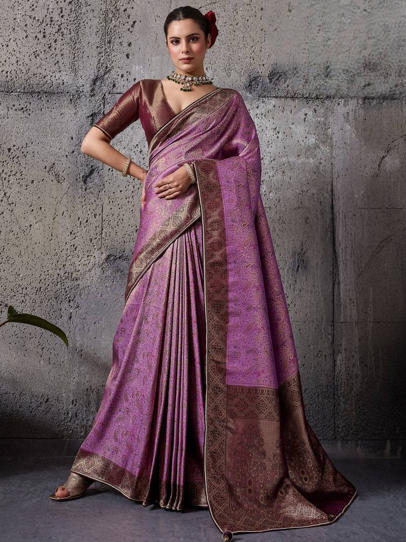 Magenta exquisite premium kanjivaram silk saree with heavy jaal & kairi meenakari work