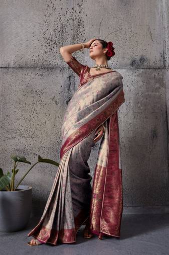 Grey exquisite premium kanjivaram silk saree with heavy jaal & kairi meenakari work