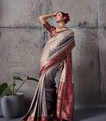 Grey exquisite premium kanjivaram silk saree with heavy jaal & kairi meenakari work