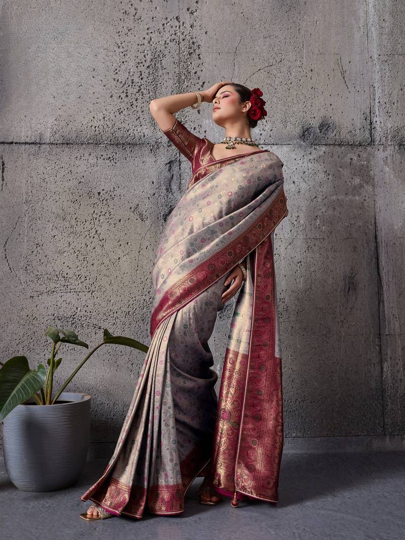 Grey exquisite premium kanjivaram silk saree with heavy jaal & kairi meenakari work
