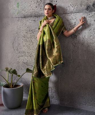 Parrot green exquisite premium kanjivaram silk blend saree with jaal & kairi meenakari work 2