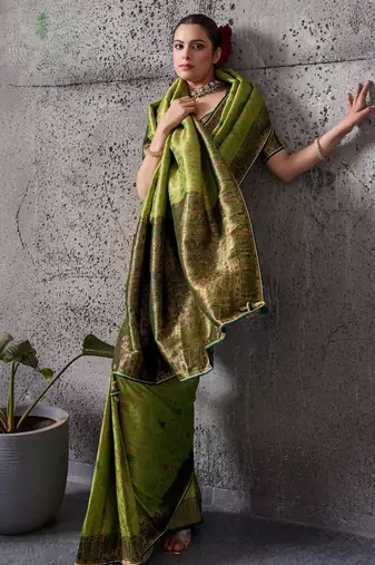 Parrot green exquisite premium kanjivaram silk blend saree with jaal & kairi meenakari work