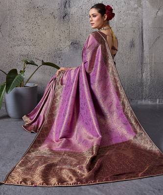 Magenta exquisite premium kanjivaram silk blend saree with jaal & kairi meenakari work 2