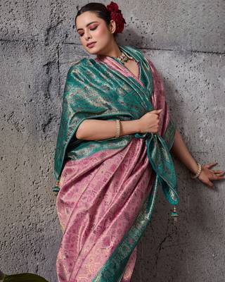 Light pink exquisite premium kanjivaram silk blend saree with jaal & kairi meenakari work 3