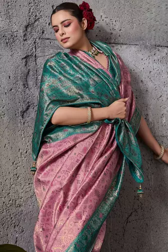 Light pink exquisite premium kanjivaram silk blend saree with jaal & kairi meenakari work