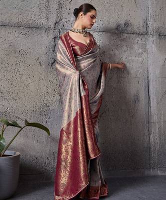 Grey exquisite premium kanjivaram silk blend saree with jaal & kairi meenakari work 2