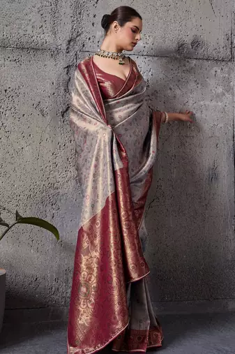 Grey exquisite premium kanjivaram silk blend saree with jaal & kairi meenakari work