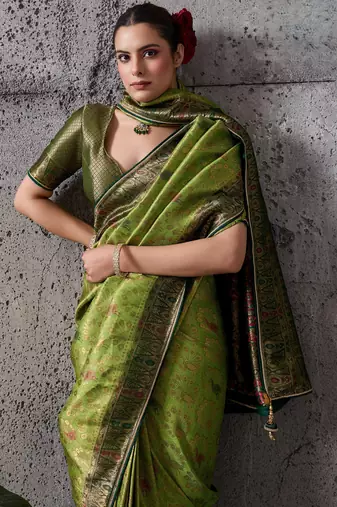 Parrot green exquisite premium kanjivaram silk blend saree with jaal & kairi meenakari work