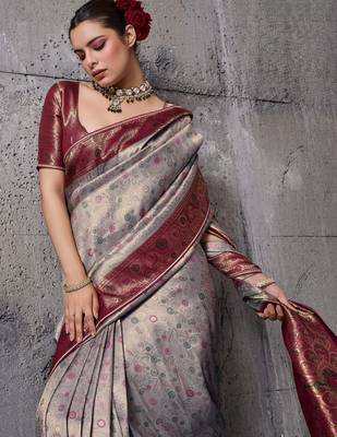 Grey exquisite premium kanjivaram silk blend saree with jaal & kairi meenakari work 3