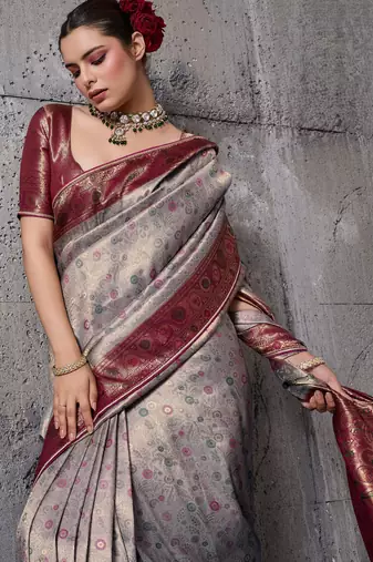 Grey exquisite premium kanjivaram silk blend saree with jaal & kairi meenakari work