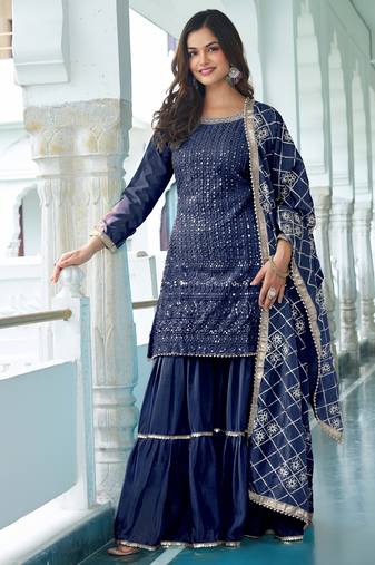 BLUE CHINON SILK EMBROIDERED SALWAR SUIT STITCHED