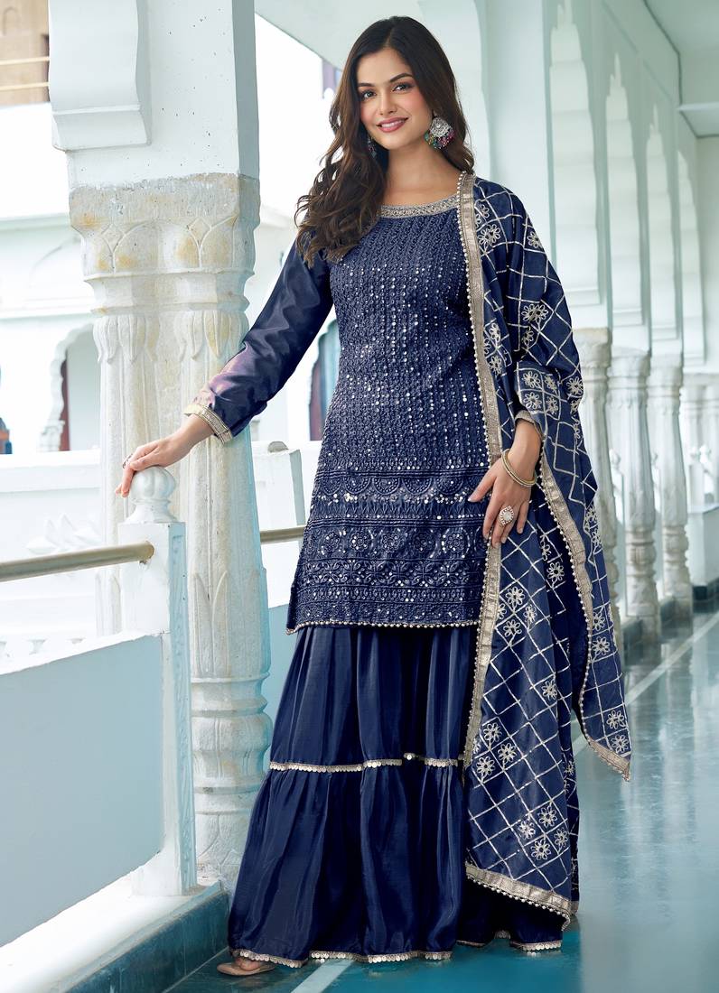 BLUE CHINON SILK EMBROIDERED SALWAR SUIT STITCHED