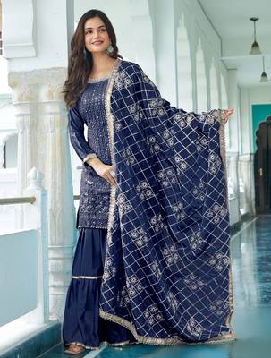 BLUE CHINON SILK EMBROIDERED SALWAR SUIT STITCHED 2
