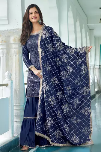BLUE CHINON SILK EMBROIDERED SALWAR SUIT STITCHED