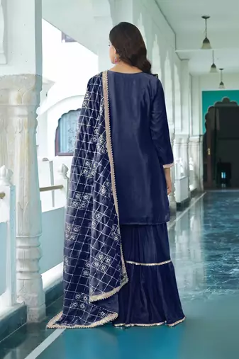 BLUE CHINON SILK EMBROIDERED SALWAR SUIT STITCHED