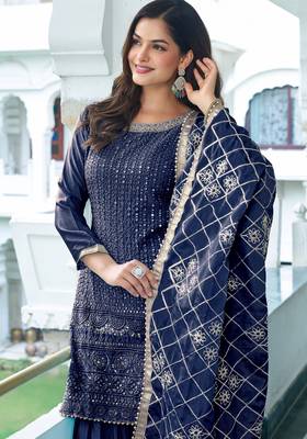 BLUE CHINON SILK EMBROIDERED SALWAR SUIT STITCHED 4
