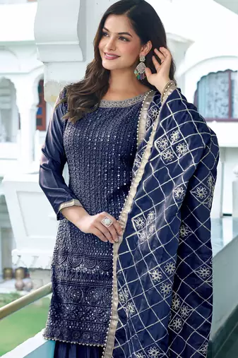 BLUE CHINON SILK EMBROIDERED SALWAR SUIT STITCHED