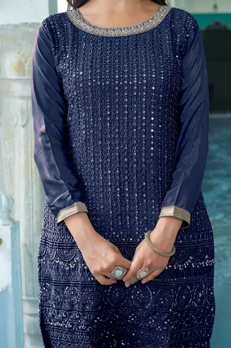 BLUE CHINON SILK EMBROIDERED SALWAR SUIT STITCHED