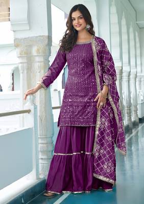 WINE CHINON SILK EMBROIDERED SALWAR SUIT STITCHED 1