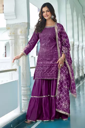 WINE CHINON SILK EMBROIDERED SALWAR SUIT STITCHED