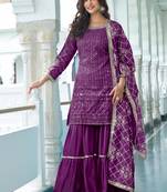 WINE CHINON SILK EMBROIDERED SALWAR SUIT STITCHED