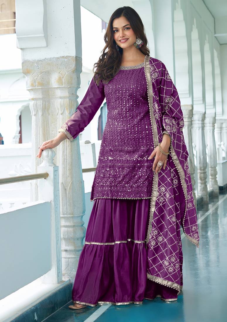 WINE CHINON SILK EMBROIDERED SALWAR SUIT STITCHED